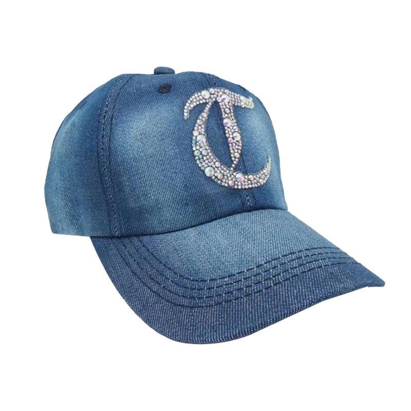 Denim Baseball Cap: Light Denim CA076D AB Silver Rhinestones Initial "T" on Denim Cap