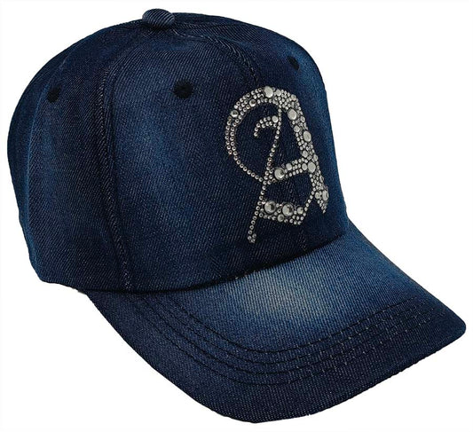 Denim Baseball Cap: Dark Denim CA076D Silver Rhinestones Initial "A" on Dark Denim Cap