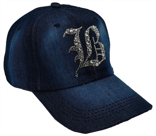 Denim Baseball Cap: Dark Denim CA076B Silver Rhinestones Initial "B" on Dark Denim Cap