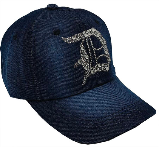 Denim Baseball Cap: Dark Denim CA076C Silver Rhinestones Initial "D" on Dark Denim Cap