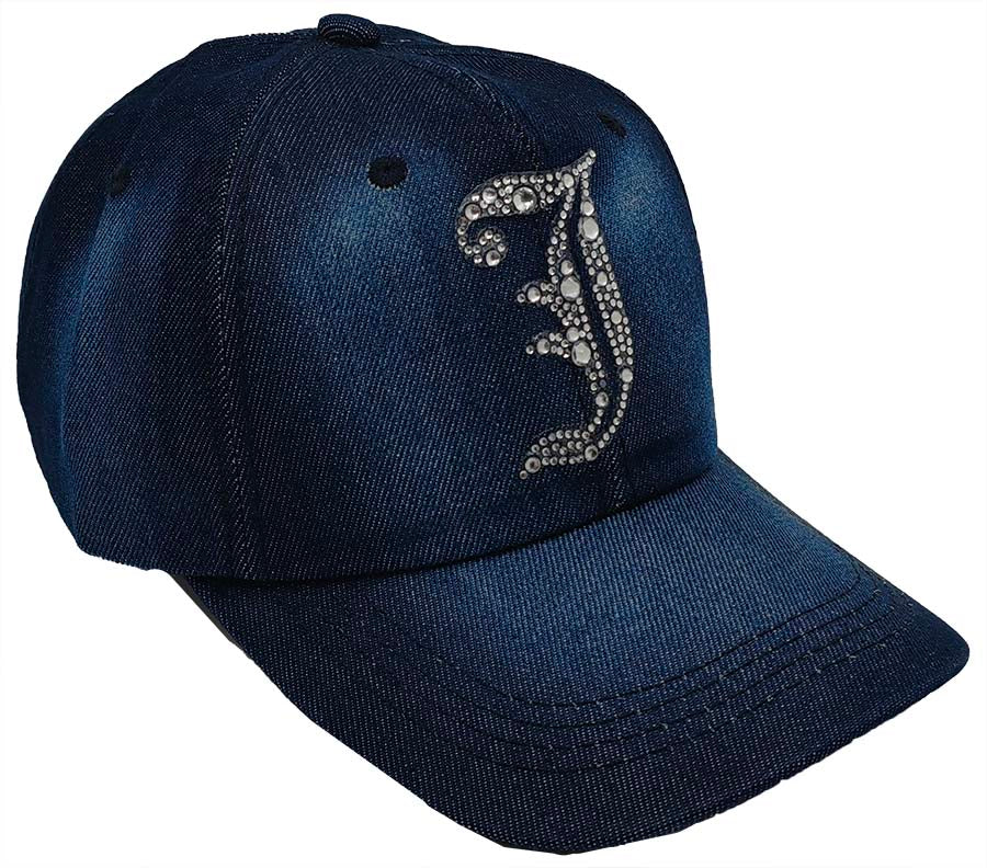 Denim Baseball Cap: Dark Denim CA076J Silver Rhinestones Initial "J" on Dark Denim Cap