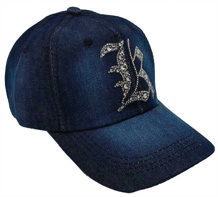 Denim Baseball Cap: Dark Denim CA076K Silver Rhinestones Initial "K" on Dark Denim Cap