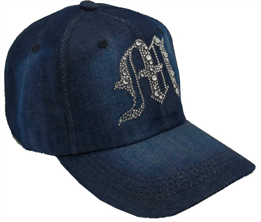 Denim Baseball Cap: Dark Denim CA076M Silver Rhinestones Initial "M" on Dark Denim Cap