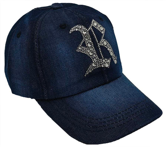 Denim Baseball Cap: Dark Denim CA076R Silver Rhinestones Initial "R" on Dark Denim Cap