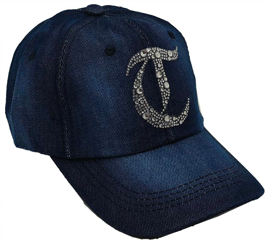 Denim Baseball Cap: Dark Denim CA076T Silver Rhinestones Initial "T" on Dark Denim Cap