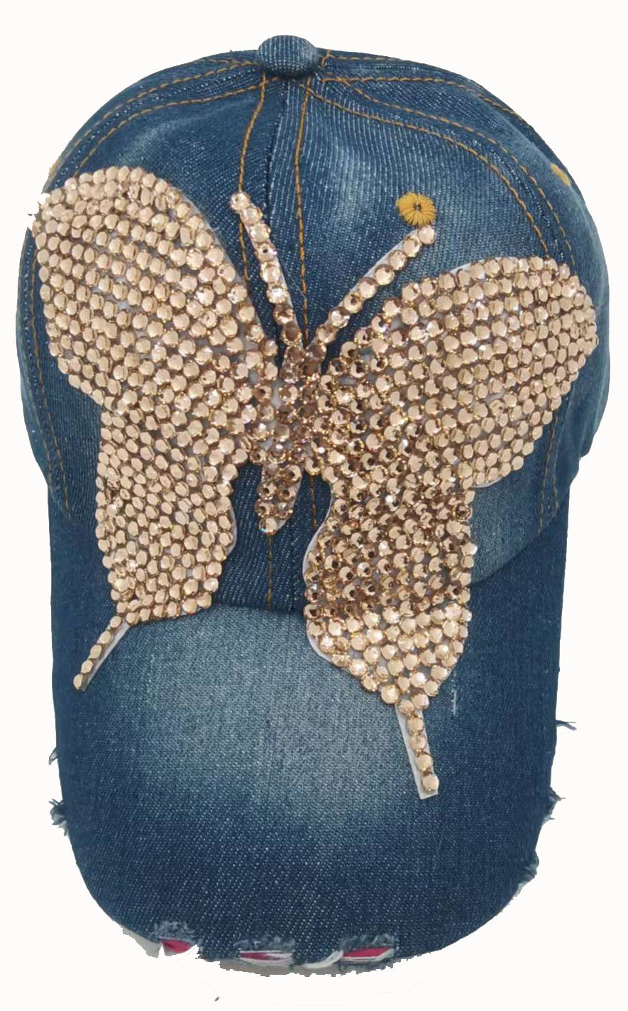 Denim Baseball Cap: CA1435 "Butterfly" Gold Rhinestone Denim Cap