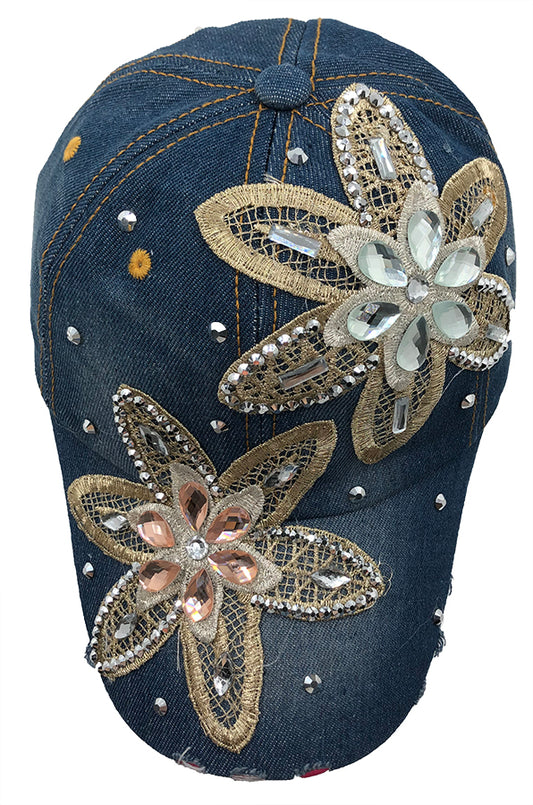 Denim Baseball Cap: CA1472 Embroidered Flower Design on Denim Cap