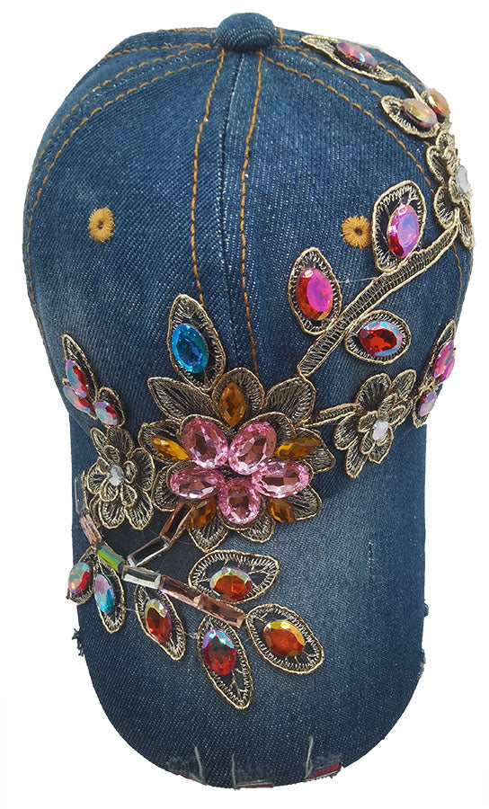 Denim Baseball Cap: CA1473 Embroidered Flower Design on Denim Cap