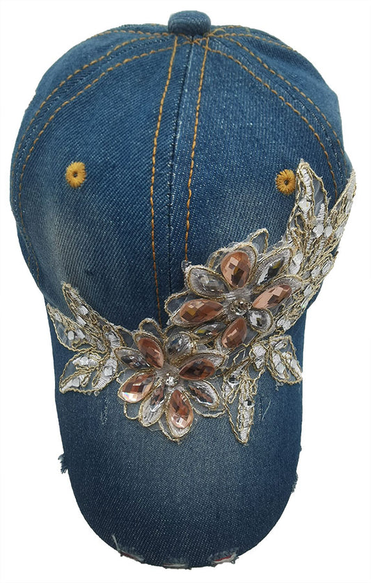 Denim Baseball Cap: CA1474 Embroidered Flower Denim Baseball Cap