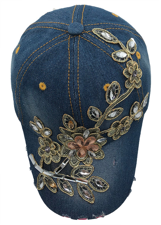 Denim Baseball Cap: CA1478 Embroidered Flower Design on Denim Cap