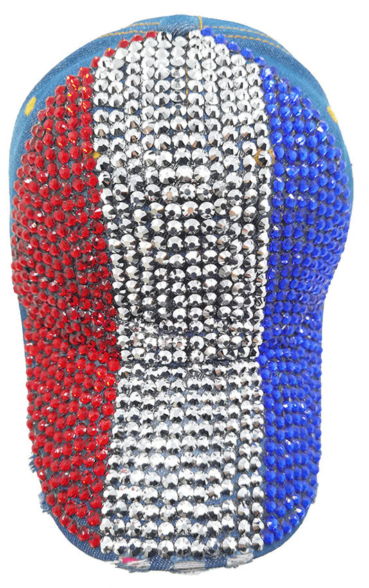 Denim Rhinestone Baseball Cap: CA19029-1 Red, Silver & Blue Stones