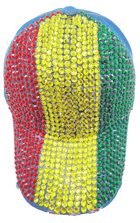 Denim Rhinestone Baseball Cap: CA19029-2 Red, Yellow & Green Stones