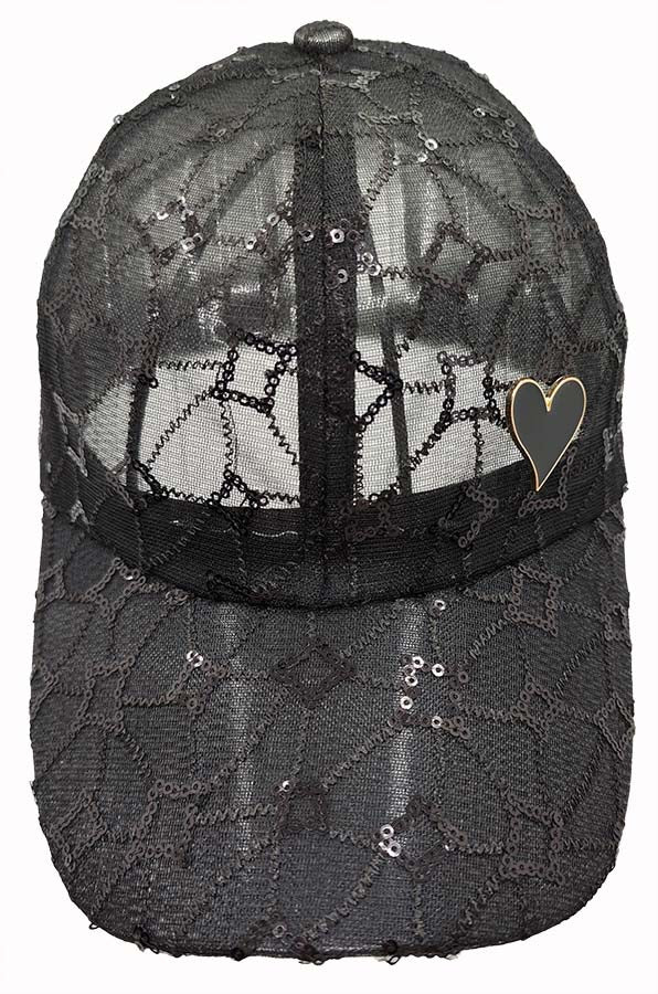 Baseball Cap: CA2313 Black Mesh with Black Sequin Design & Gold Heart Detail