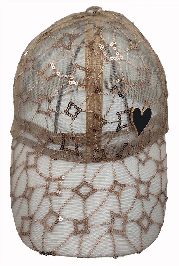 Baseball Cap: CA2313 Camel Mesh with Rose Gold Sequin Design & Gold Heart Detail