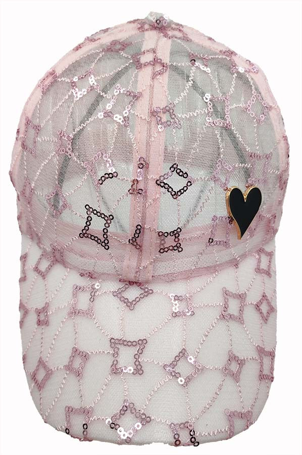 Baseball Cap: CA2313 Pink Mesh with Sequin Design Cap & Gold Heart Detail