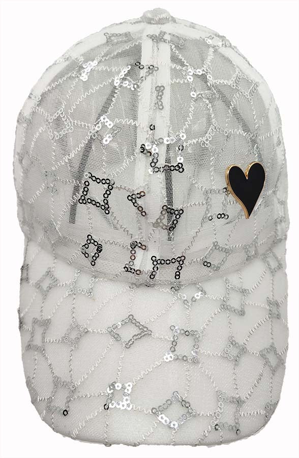 Baseball Cap: CA2313 White Mesh with Silver Sequin Design Cap & Gold Heart Detail