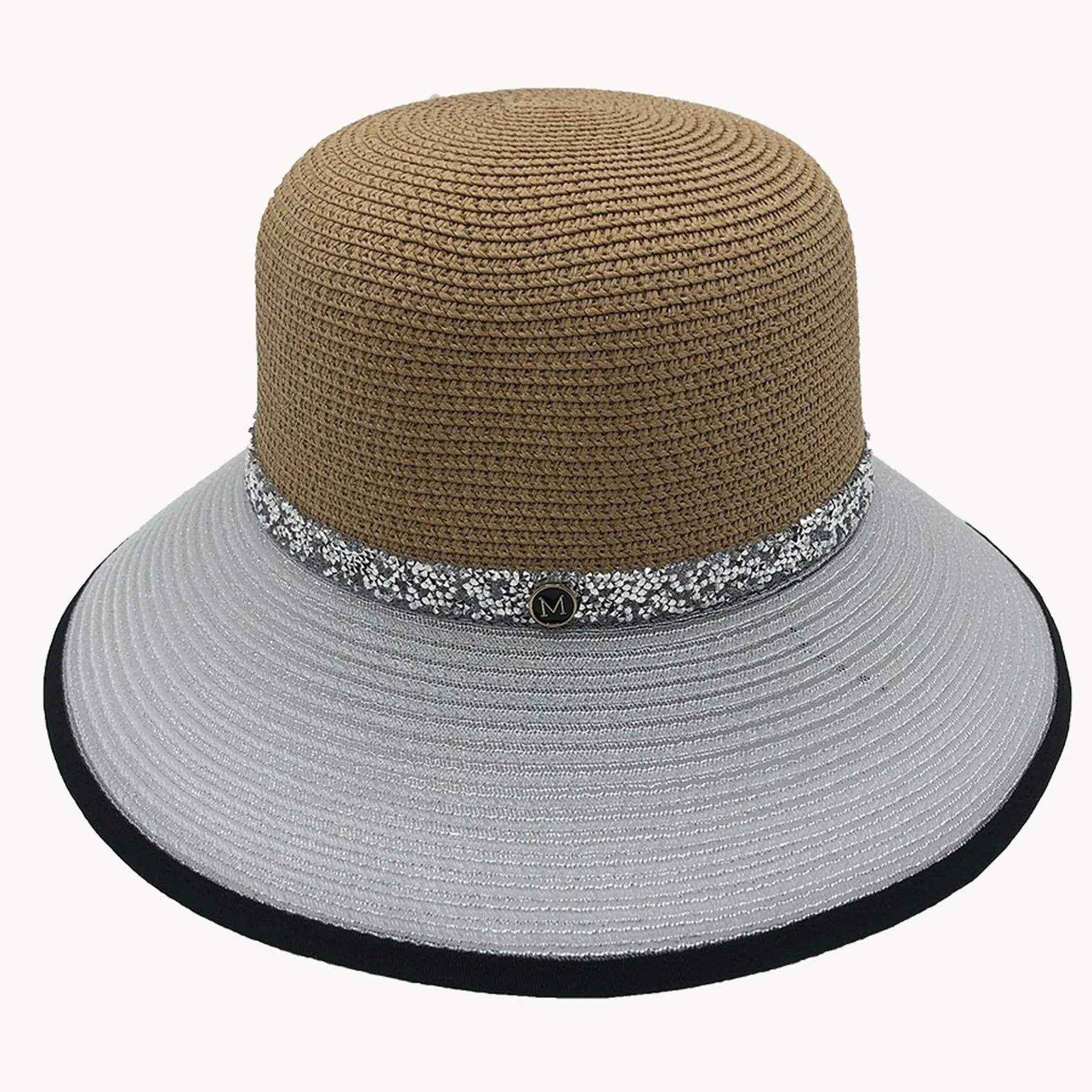 Two-Tone Straw Sun Hat with Rhinestone Band