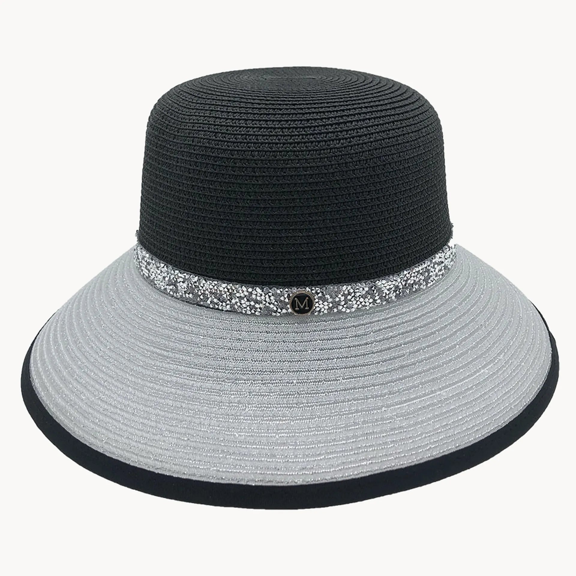 Two-Tone Straw Sun Hat with Rhinestone Band