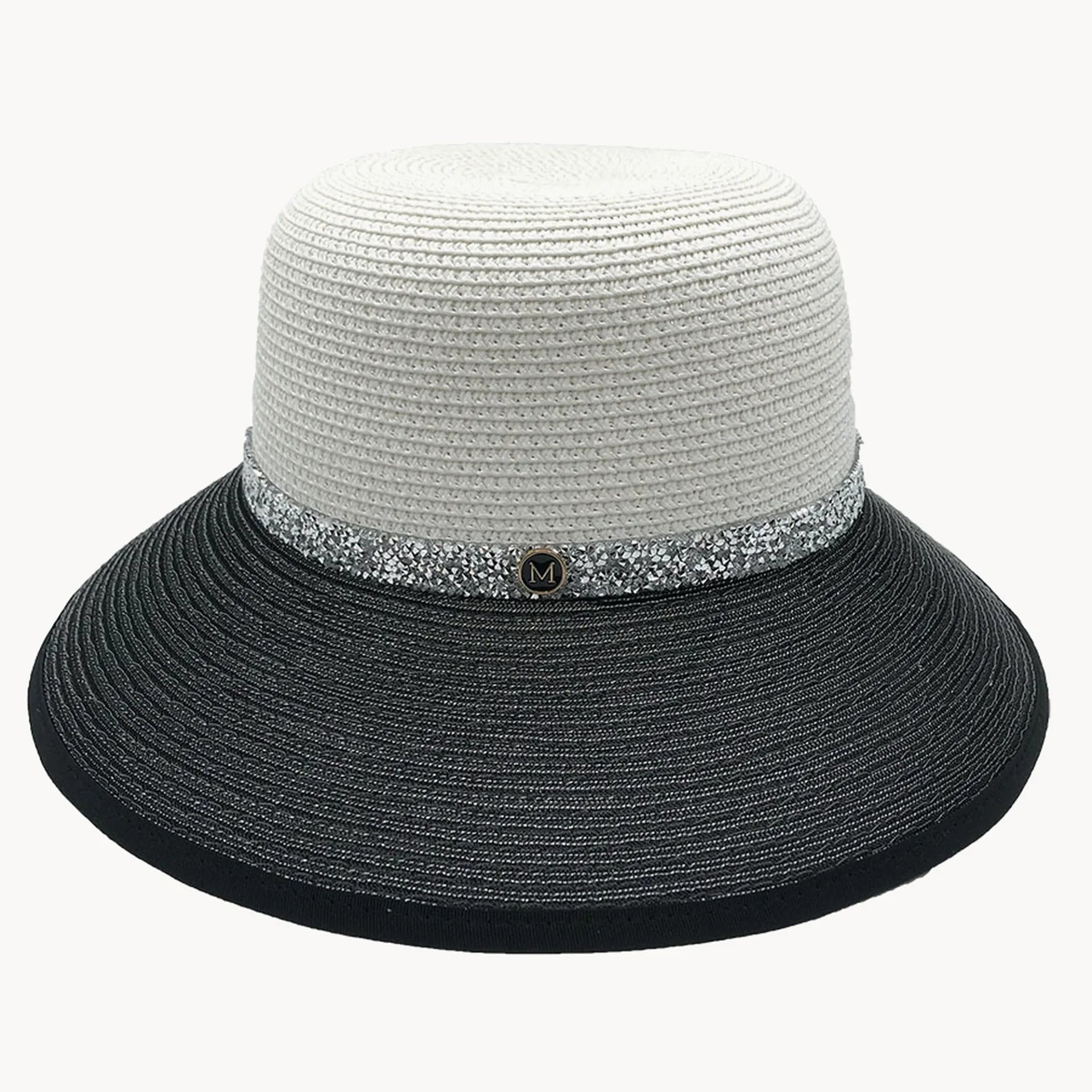 Two-Tone Straw Sun Hat with Rhinestone Band