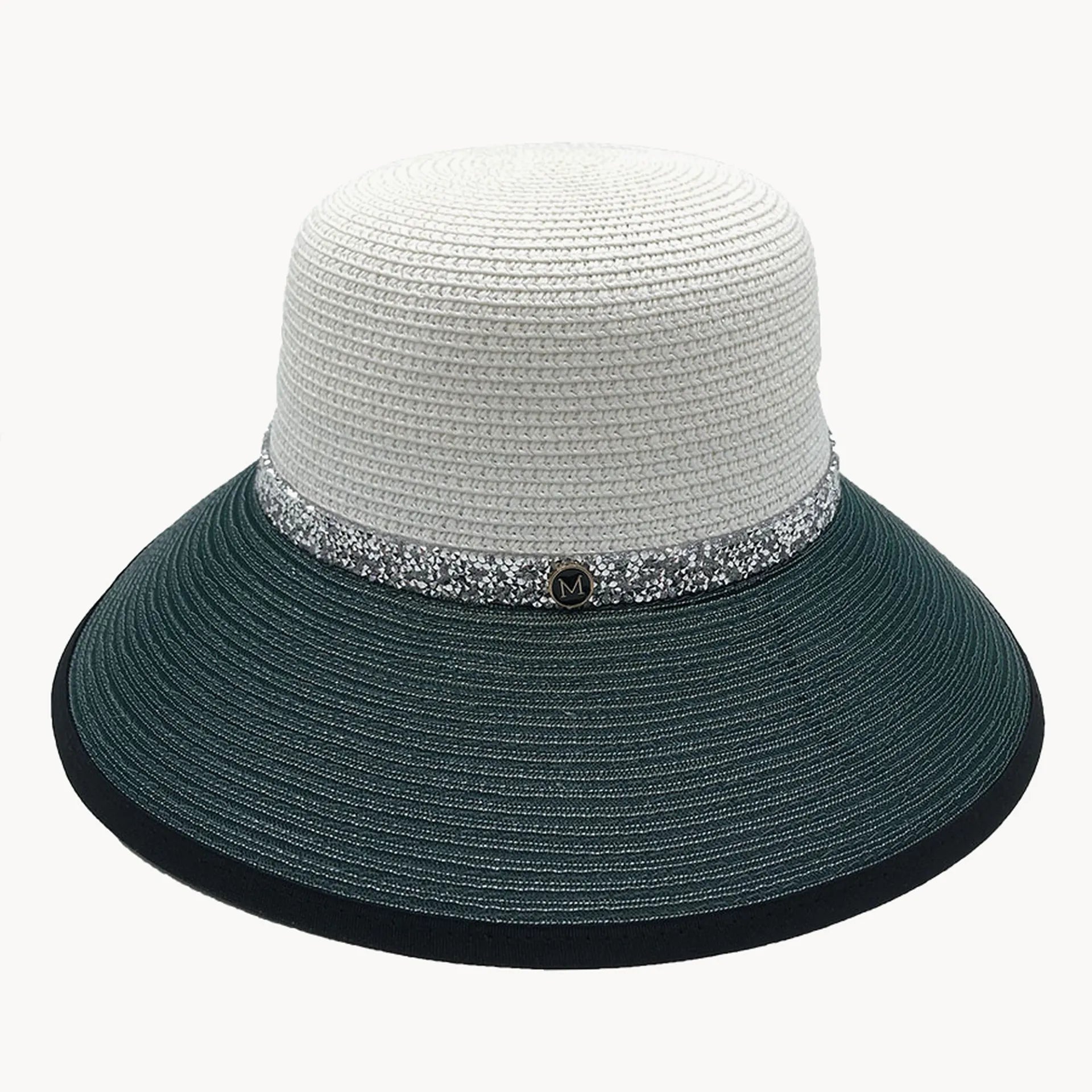 Two-Tone Straw Sun Hat with Rhinestone Band