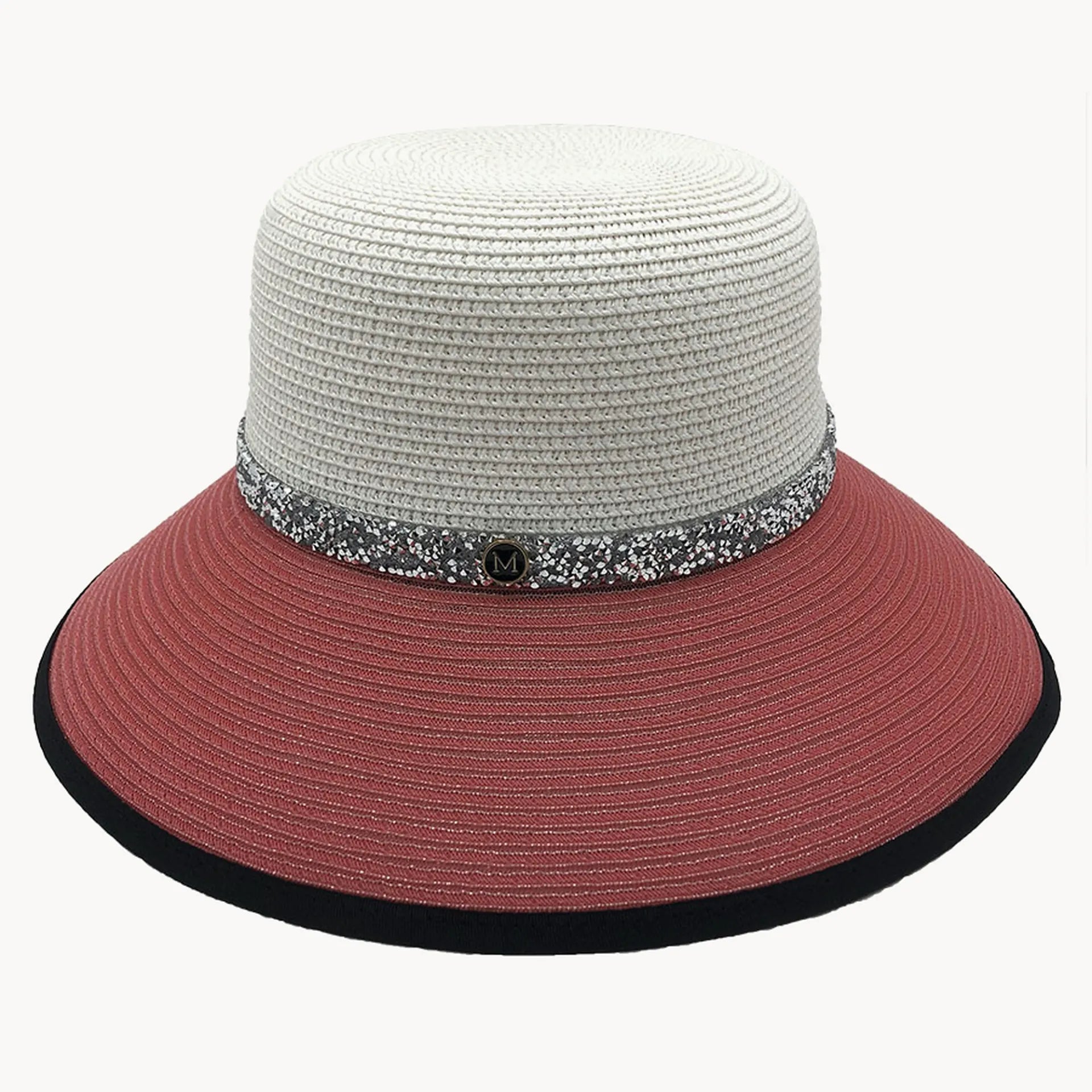 Two-Tone Straw Sun Hat with Rhinestone Band