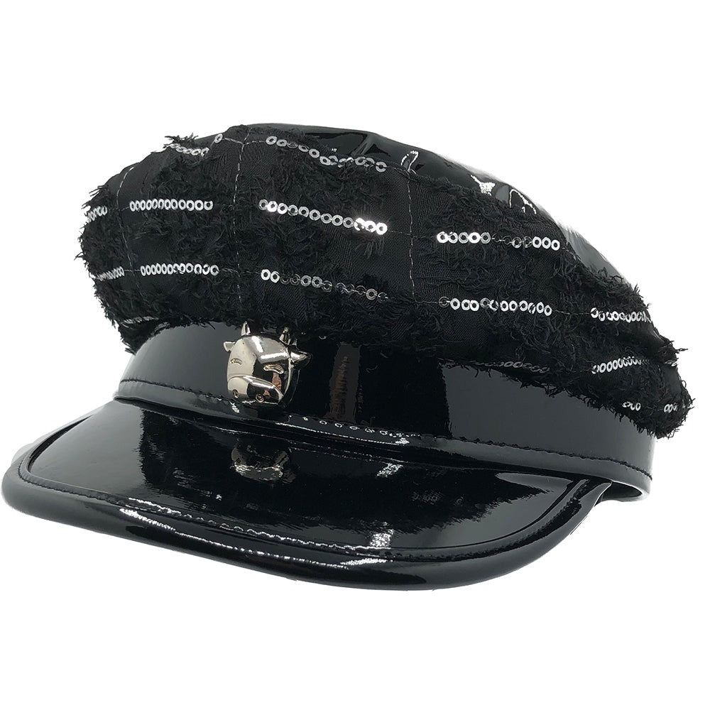 Military Style Hat: HA8661 Black Military Style Hat w/ Metal Cow Detail