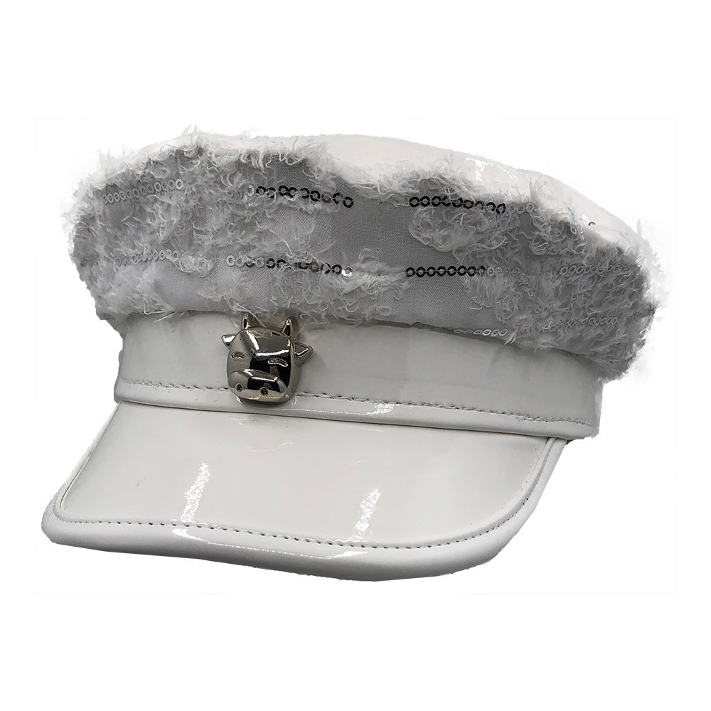 Military Style Hat: HA8661 White Military Style Hat w/ Metal Cow Detail