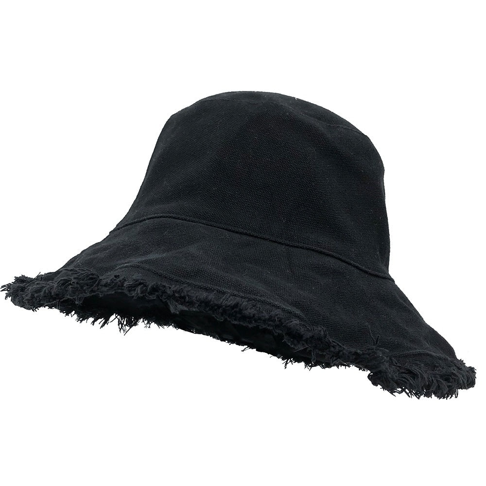 Bucket Hat: HA866 Black Bucket Hat w/ Frayed Edges