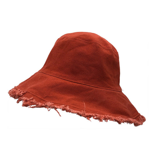 Bucket Hat: HA866 Red Bucket Hat w/ Frayed Edges