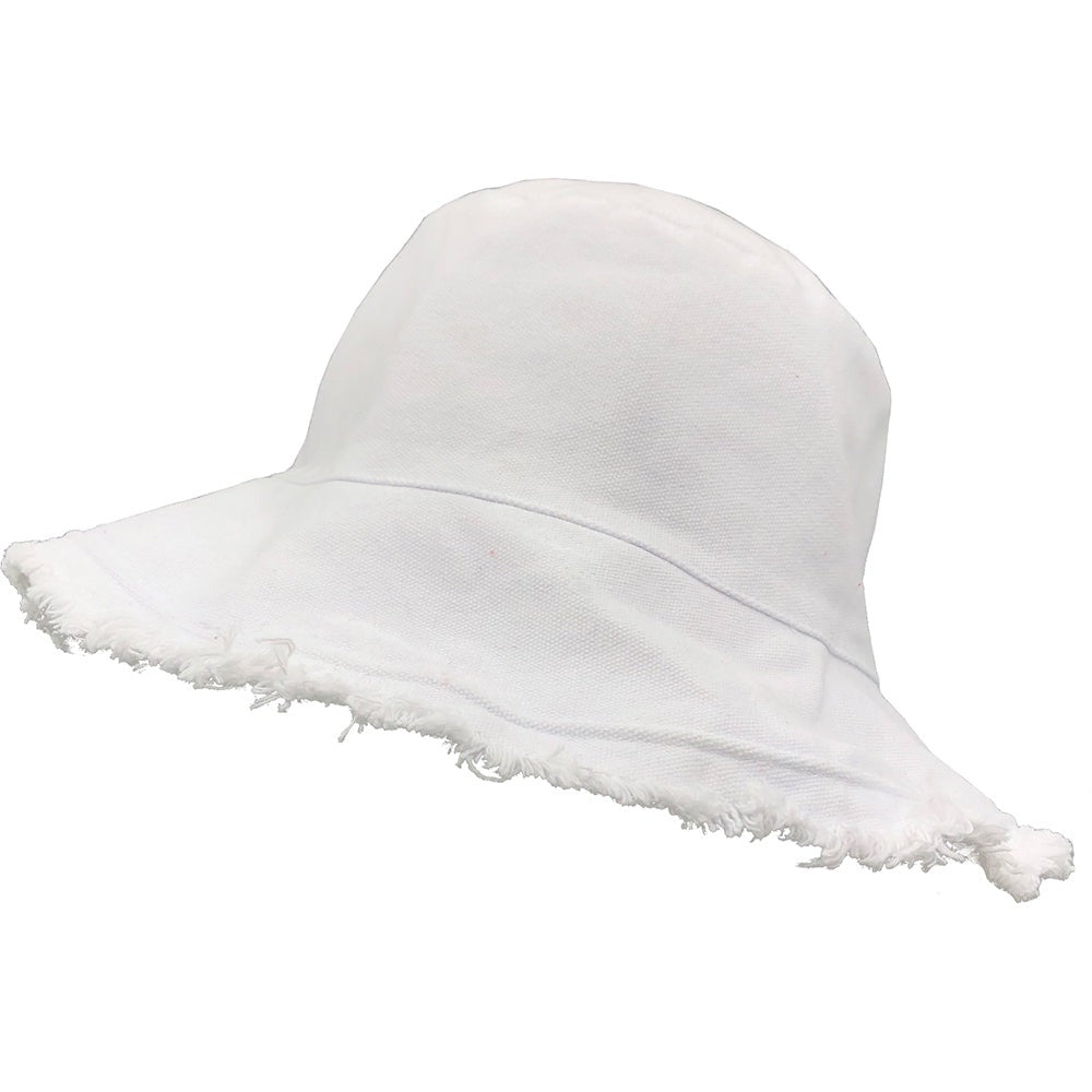 Bucket Hat: HA866 White Bucket Hat w/ Frayed Edges