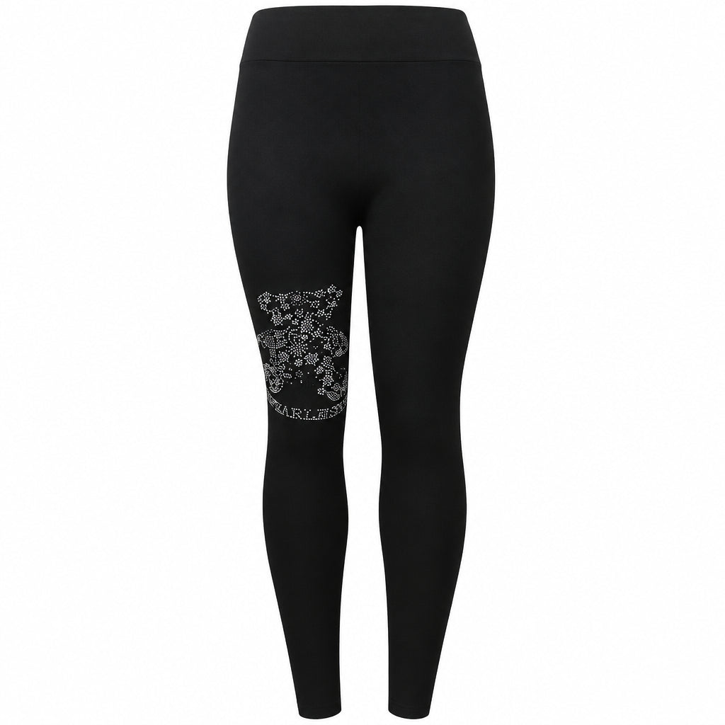 Black high-waisted leggings with a silver floral graphic and 'MARZERRI' text on the left thigh, shown on a plain white background.