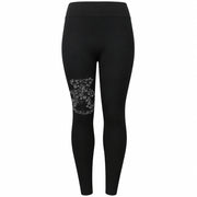 Black high-waisted leggings with a silver floral graphic and 'MARZERRI' text on the left thigh, shown on a plain white background.