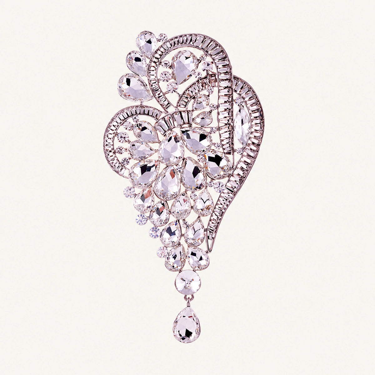 Crystal Heart Swirl Drop Brooch