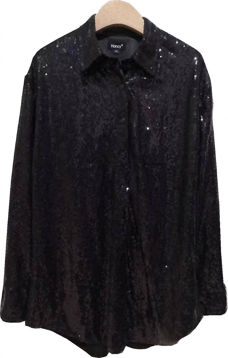 Sequin Button Up Shirt: SH723 BLA