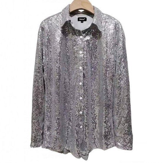 Sequin Button Up Shirt: Silver & Black
