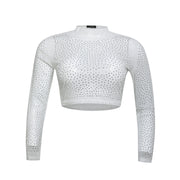Rhinestone Mesh Mock Neck Crop ToP