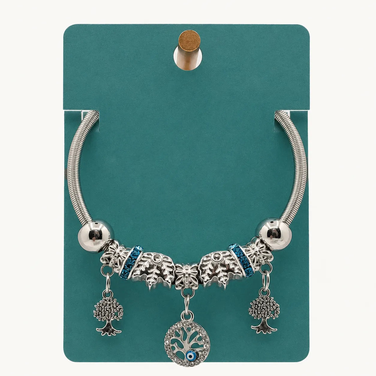 Silver Tree of Life & Evil Eye Charm Bangle