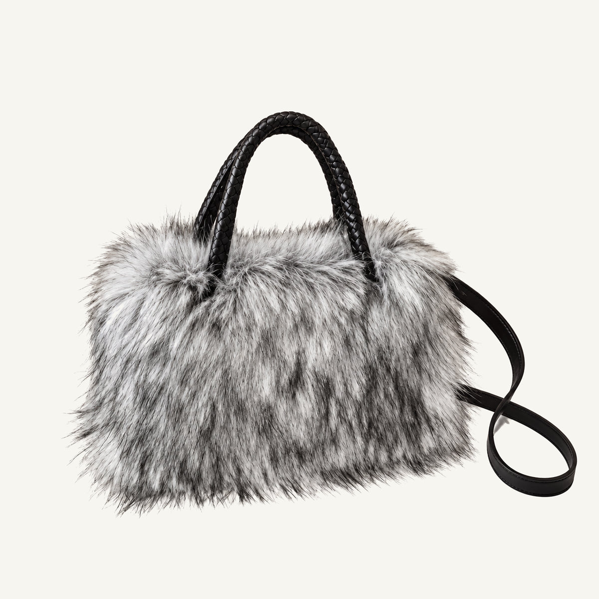 Faux Fur Handbag with Black Handles