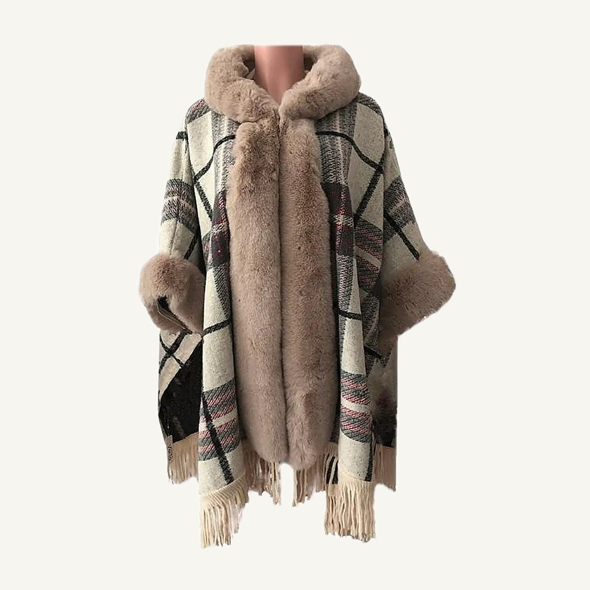 Plaid Fur Trim Poncho