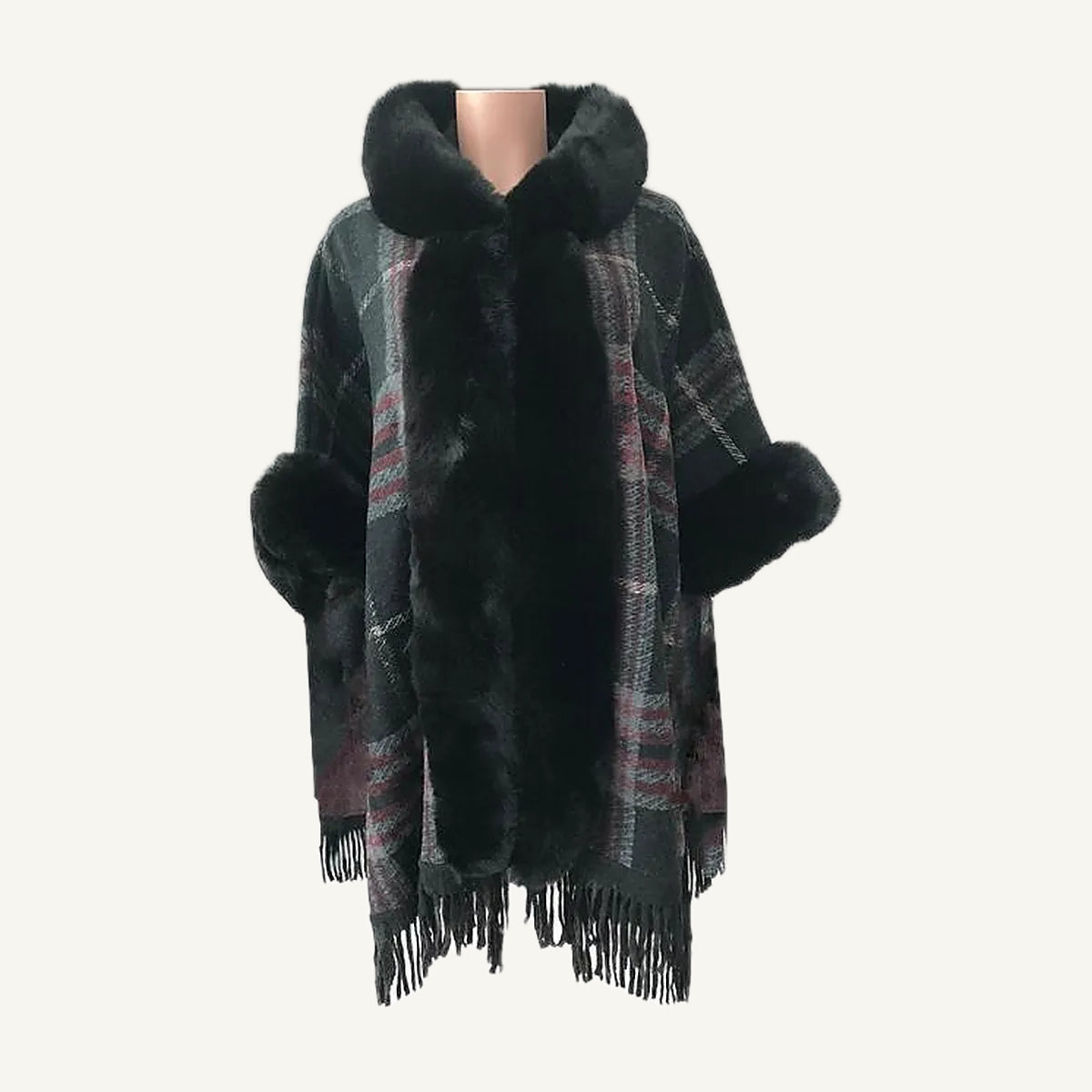 Plaid Fur Trim Poncho