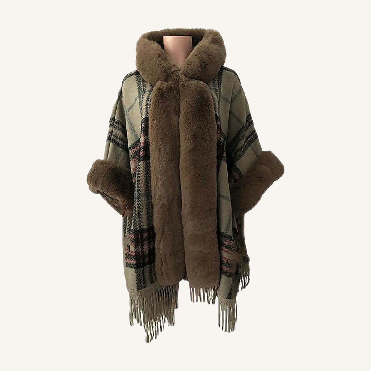 Plaid Fur Trim Poncho