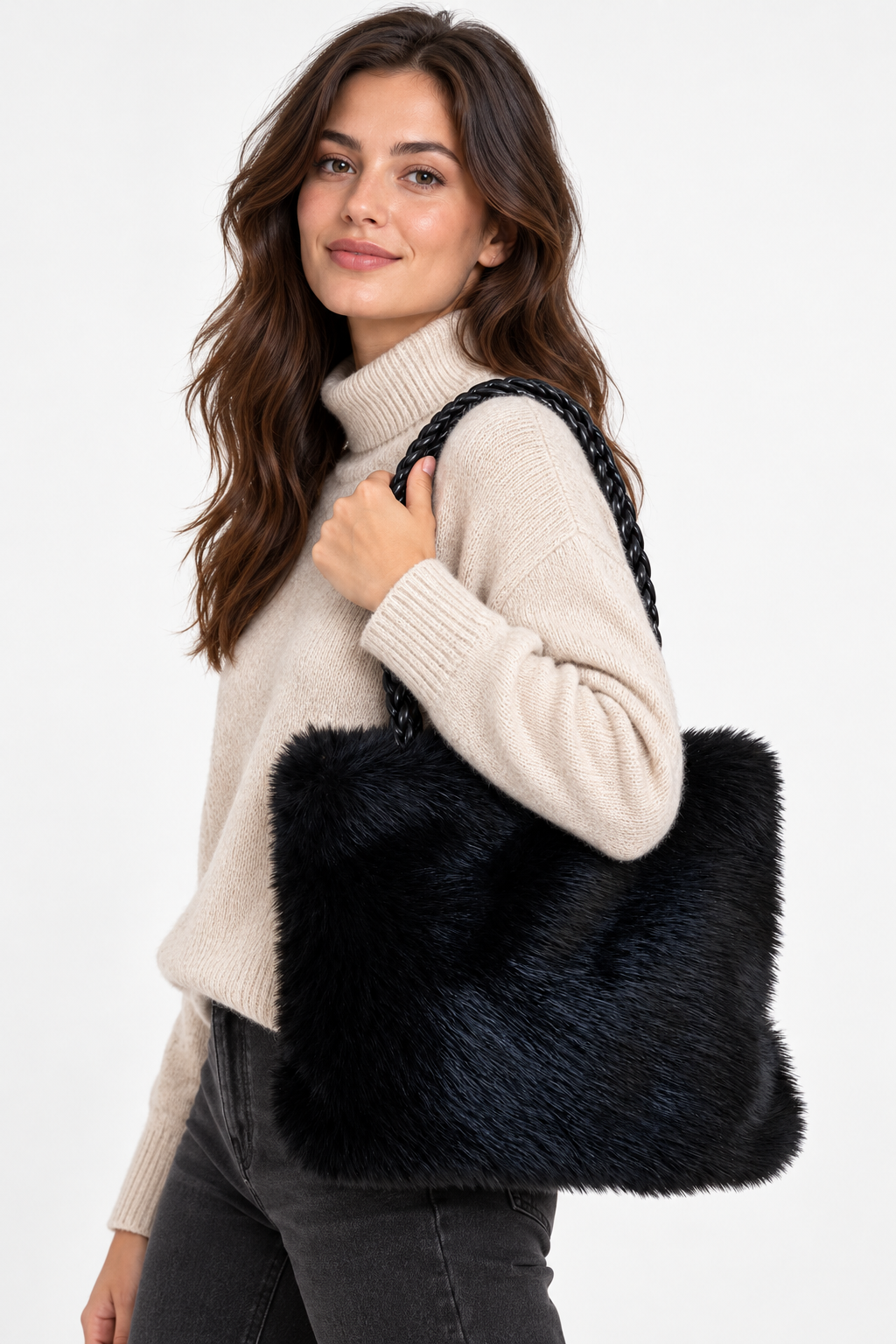 Model carrying Braided Handle Faux Fur Shoulder Bag