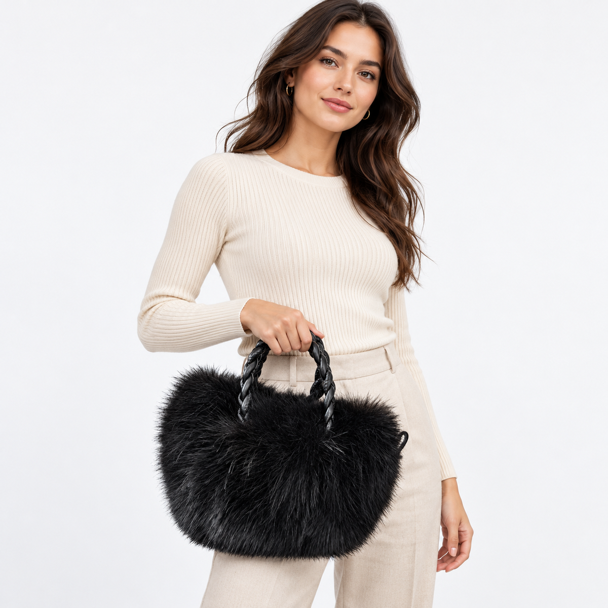 Model carrying Braided Handle Faux Fur Handbag