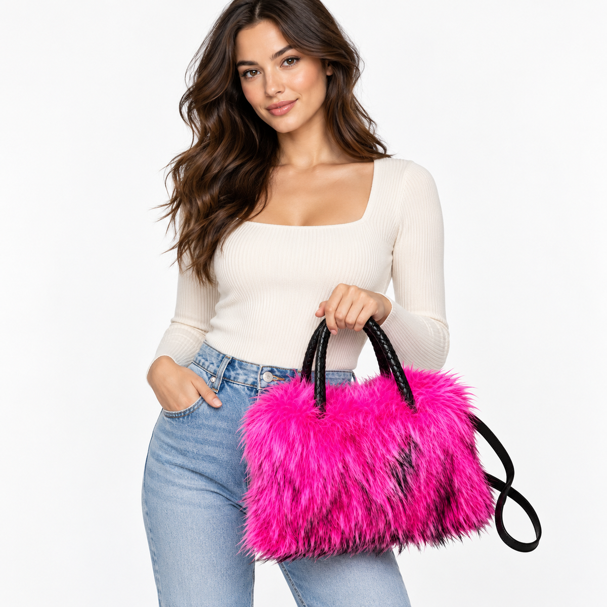 Model carrying Shaggy Faux Fur Handbag with Black Handles