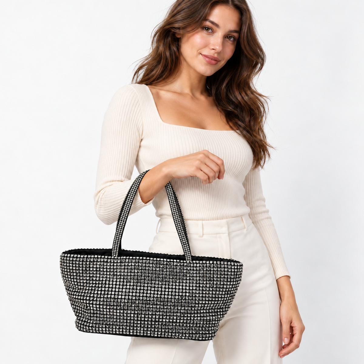 Model carrying Curved Rhinestone Tote Bag