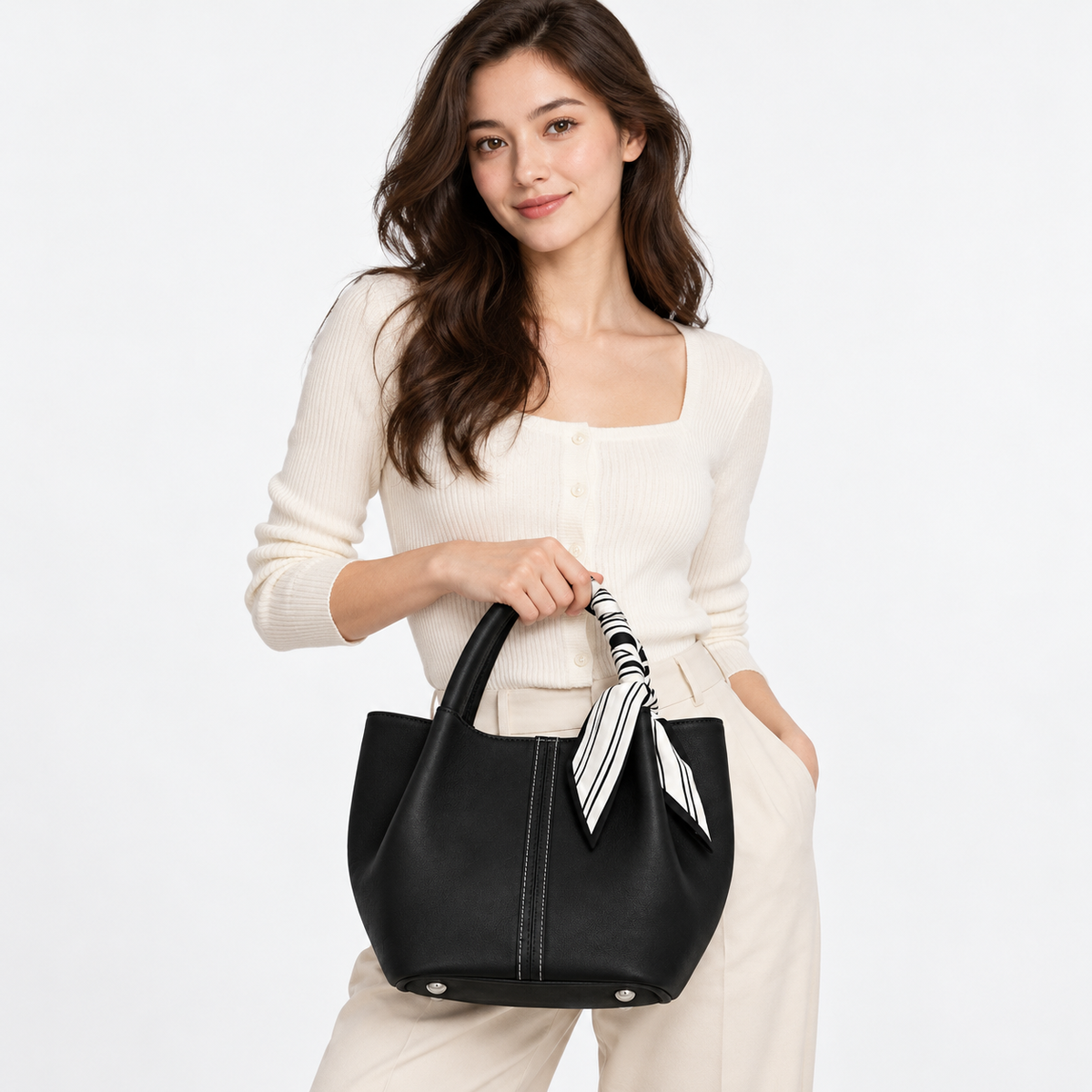 Model carrying Scarf Accent Top Handle Handbag