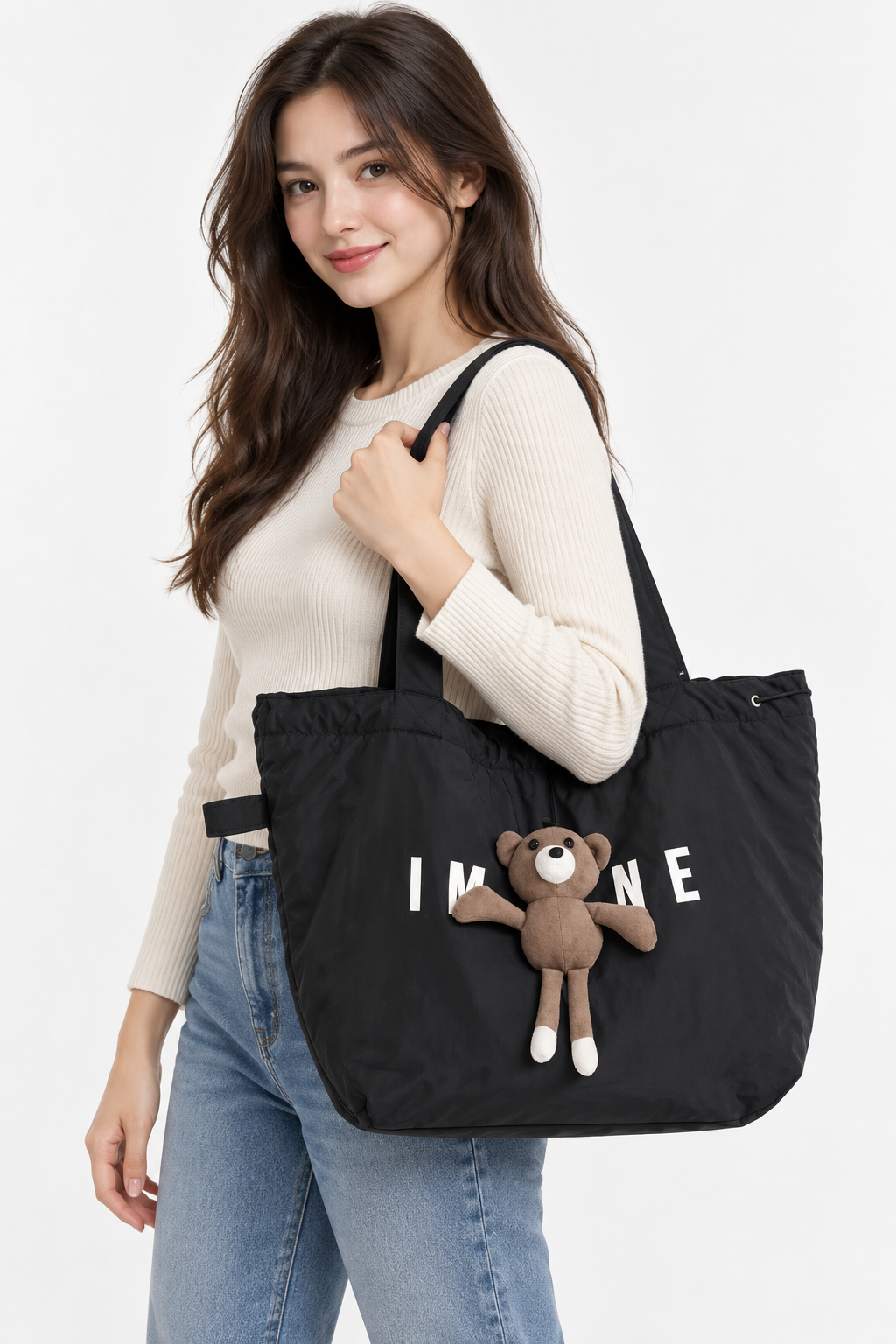 Model carrying Bear Charm Shoulder Tote
