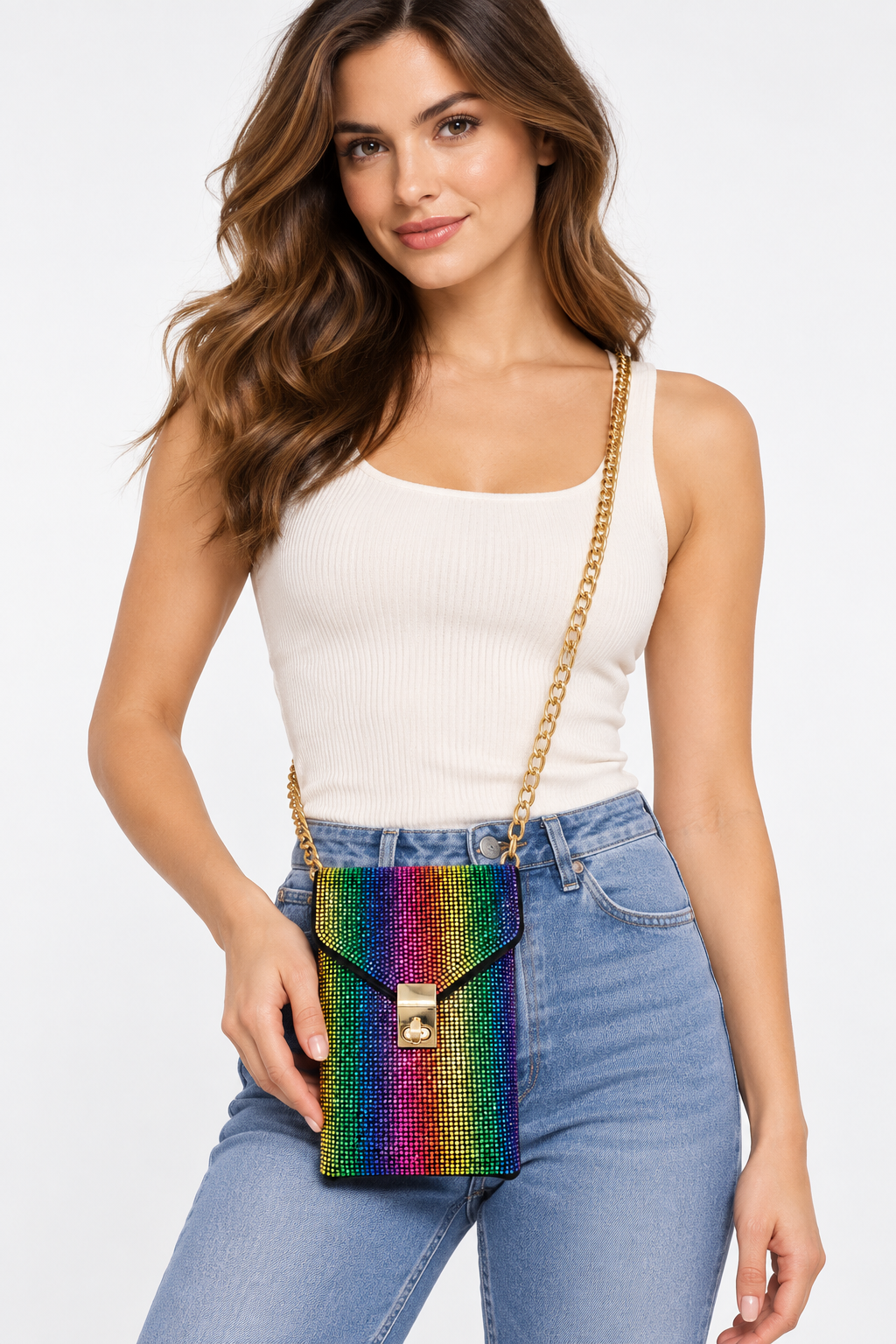 Model carrying Rhinestone Chain Phone Pouch – Rainbow | BG607 RAI