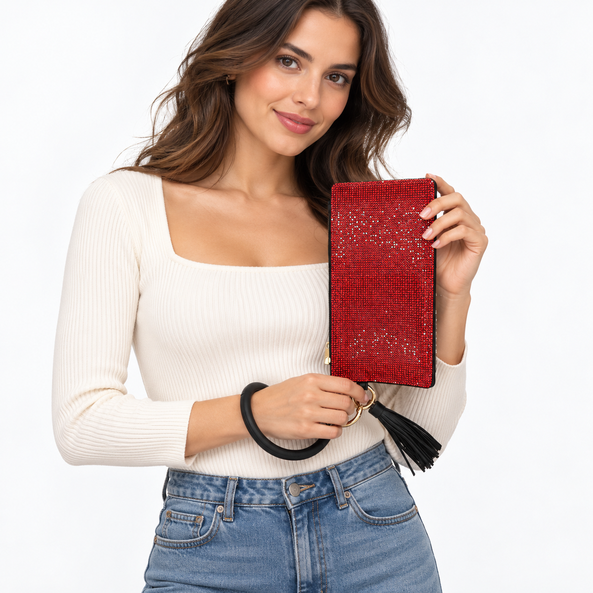 Model carrying Rhinestone Ring Wristlet – Red | BG609 RED