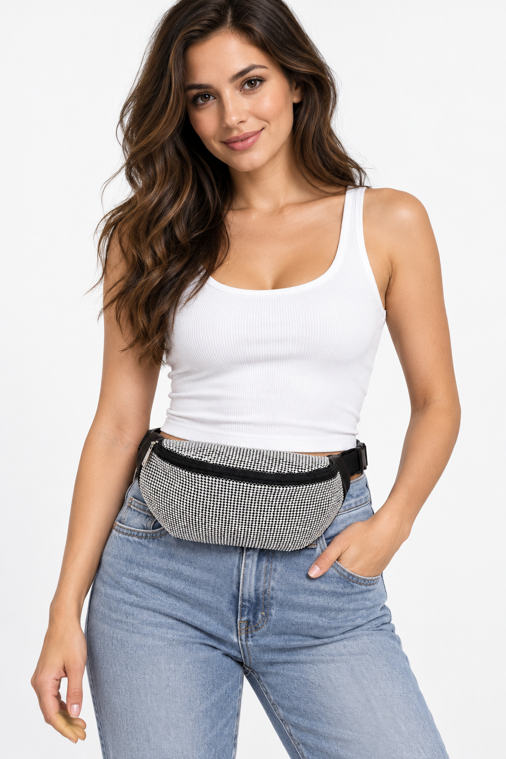 Model carrying Rhinestone Waist Bag – Silver | BG610 SIL